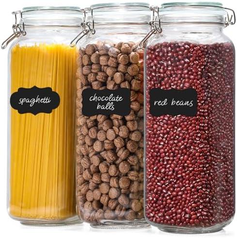 VITEVER [ Taller ] 92oz Glass Jars with Airtight Lid, Large Glass Food Storage Jars, 3 Pack Wide Mouth Airtight Glass Jars for Kitchen Pantry Spaghetti, Square Mason Jars with Labels