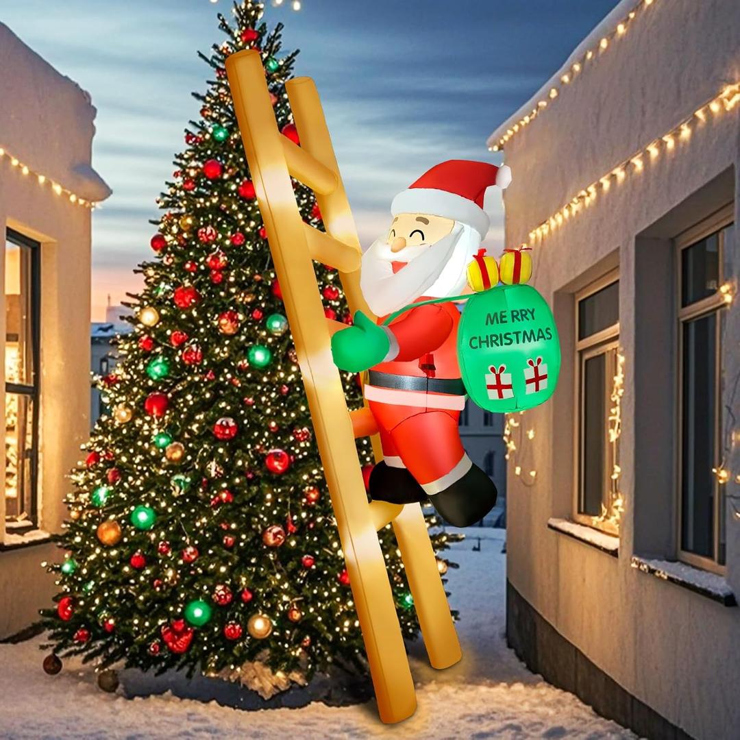 8FT Hanging Christmas Inflatable Santa 8FT Santa Claus Climbing Ladder Inflatables Christmas Outdoor Decoration Xmas Santa Blow Up Decor with Built-in 9 LEDs for Yard Garden Lawn (with Storage Bag)