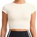 Workout Crop Tops for Women Yoga Short Sleeve Mild Support Slim Fit Cropped Athletic Shirts Gym Tee Built in Bra (Small, Creamy White)