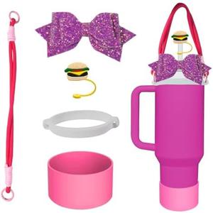 4Pcs Cup Accessories Set for Stanley, Including 1 PCS Mushroom Straw Topper Cover, 1PCS Straw Bow Decorate, 1 PCS Handle Strap, 1 Pcs Silicone Stanley Cup Boot for Stanley Cup 40/30 oz 2 PACK