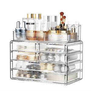 ZHIAI Stackable Storage Drawers, Acrylic Bathroom Counter Organizer Clear Makeup Organizers for Vanity, Kitchen Cabinets, Bathroom, Undersink, Home Organization and Storage (1 Top 6 Drawers) ((2 Base, 4 Drawers) with Top)