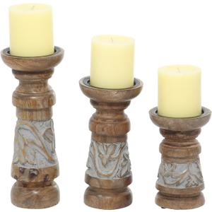 Deco 79 Wood Decorative Candle Holder Candle Stand, Set of 3 Candlestick Holder 6", 8", 10"H, Brown