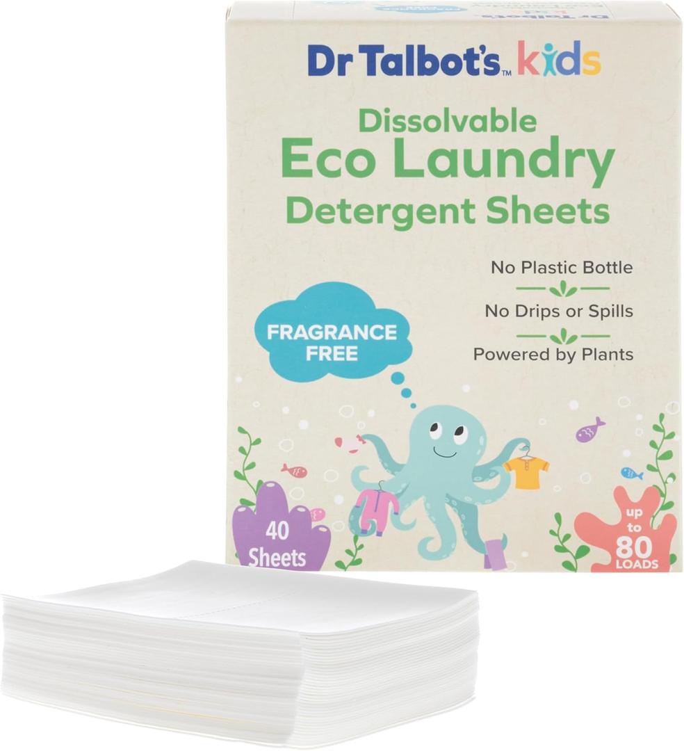 Dr. Talbot's Kids Eco Laundry Detergent Sheets Fragrance Free, Gentle on Skin, Plant-Based, Biodegradable, No Harsh Additives, Dissolvable for Standard & HE Machines, 40 Sheets (Up to 80 Loads)