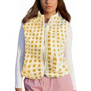 WOWULOVELY Womens Checkered Sherpa Vest Sleeveless Fleece Jacket Coat Lightweight Zip Up Crochet Plaid Gilet with Pocket(Begie-S)