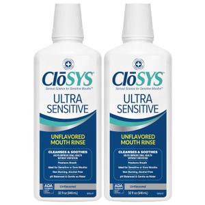 CloSYS Ultra Sensitive Mouthwash, Unflavored Alcohol Free, Dye Free, pH Balanced, Helps Soothe Entire Mouth  32 Oz (Pack of 2)