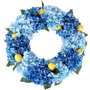 Kmise Summer Spring Wreath for Front Door,26" Big Blue Hydrangea Lemon Wreath for Door Window Hanging Wedding Party Dcor