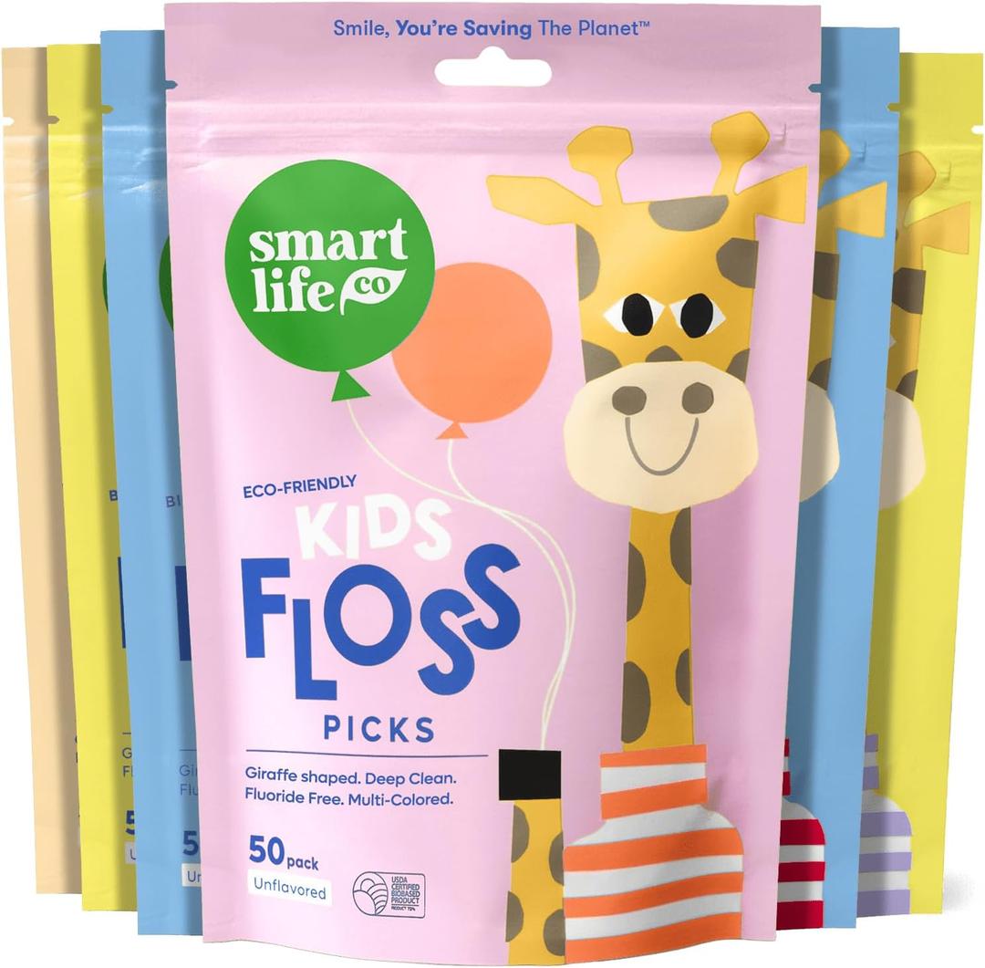 SmartLifeco Biodegradable* Kids Flossers - Unflavored Dental Floss Picks for Children, Fluoride & PFA Free, Straw Wheat Fun Animal Flossing Sticks for Toddlers Teeth, Eco Friendly Compostable*, 300x (1 Count (Pack of 300))