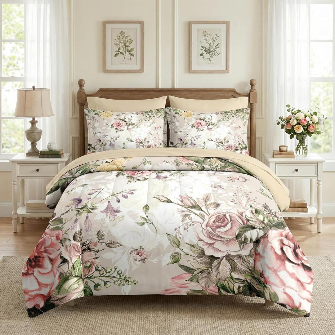 Nesker 7 Pcs Comforter Set Queen Size, Vintage Flower Summer Bedding Set for Kids and Adults, Rose Floral Shabby Chic Sheets Bed Sheet Sets with Fitted Sheet 2 Pillowcases & 2 Shams