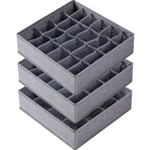 Criusia 3 Pack Sock Underwear Organizer Dividers, 64 Cell Drawer Fabric Foldable Cabinet Closet Storage Boxes for Storing Socks, Underwear, Ties (16+24+24 Cell, Gray)