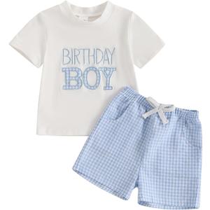 Toddler Baby Boy Girl First Birthday Outfit Short Sleeve Shirt Plaid Shorts Sets Summer Birthday Clothes 2Pcs (18-24 Months, A-white Blue)