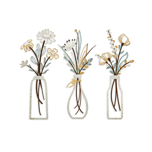Pigort 3 Pieces Metal Flowers Wall Arts - Rustic Farmhouse Decor Beige Minimalist Flower Wall Decors for Living room Bathroom Bedroom Dining Room-Housewarming Gifts (Beige, Vase-C)