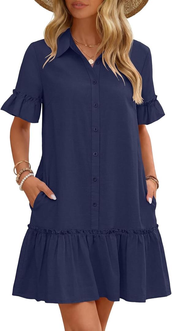 MEROKEETY Women's 2026 Summer Casual Shirt Dress Button Down Ruffle Sleeve Shift Mini Dresses with Pockets (Medium, Navy)