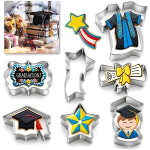 Graduation Cookie Cutters Set of 7, Stainless Steel, Cap Gown Diploma Graduate Star Shapes, for Graduation Celebration Party
