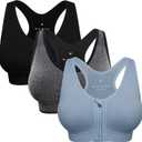 Women's Zip Front Sports Bra Wireless Post-Surgery Bra Active Yoga Sports Bras, Size L
