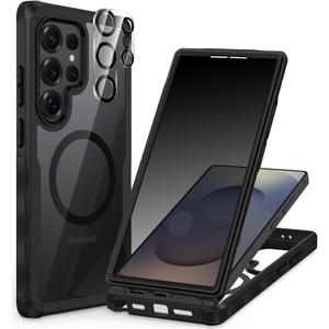 CENHUFO Magnetic Privacy for Samsung Galaxy S25 Ultra Case, Full Body Phone Case with Built-in 9H Tempered Glass Privacy Screen Protector and Camera Lens Cover, Shockproof Protective Bumper -Black