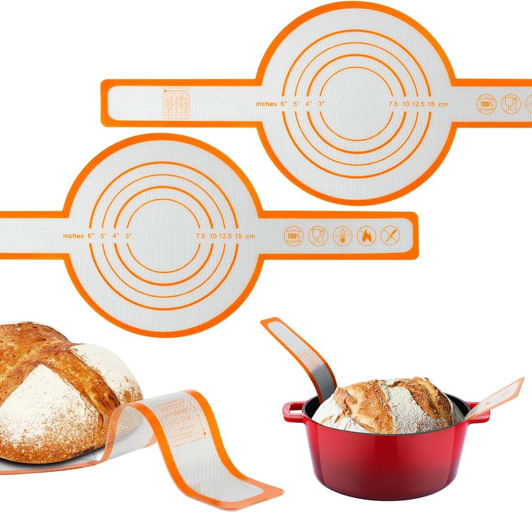 4 x Silicone Bread Sling for Dutch Oven, Non-Stick & Easy to Clean Bread Baking Mat, 2 Pcs Reusable Bread Sling with Long Handle, Easy to Transfer Sourdough Bread, Round