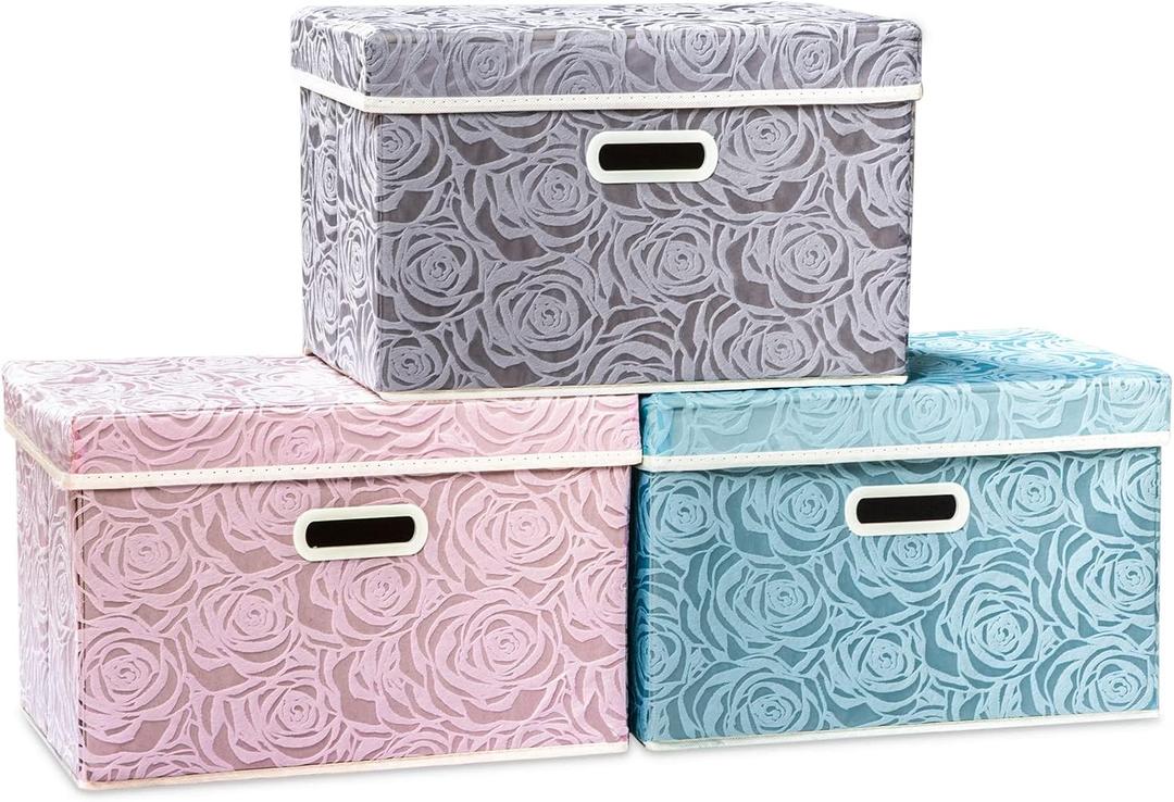 PRANDOM Larger Collapsible Storage Cubes with Lids Fabric Decorative Storage Bins Boxes Organizer Containers Baskets with Cover Handles for Bedroom Closet Living Room 17.7x11.8x11.8 Inch 3 Pack (Assorted Color)