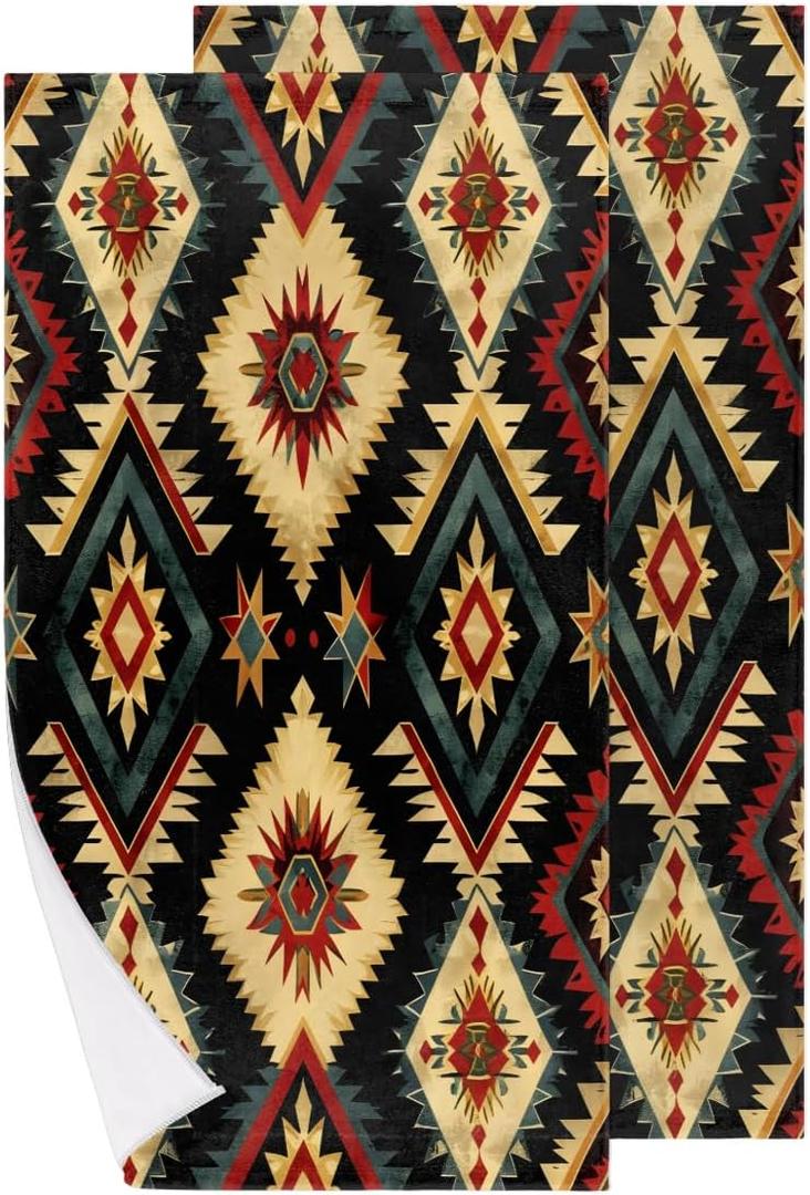 Hand Towels 2 Pack, Aztec Southwest Hand Towels for Bathroom, Kitchen Washcloths for Drying & Cleaning, Ethnic Style Design Soft Absorbent Home Decorative, 14x28 Inches (Blue)