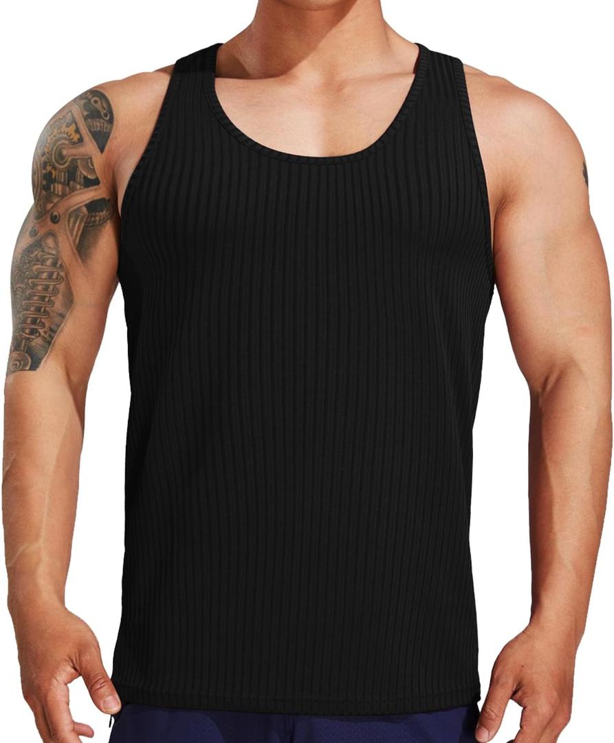 Men's Breathable Ribbed Knit Tank Tops Sleeveless Muscle Workout Gym Fitness Training Tees (Black, M)