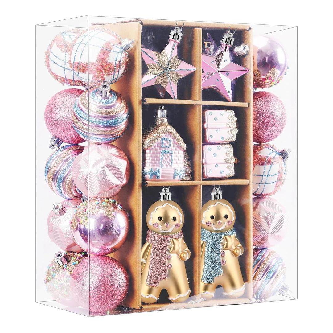 SHareconn 65pcs Christmas Tree Ornaments Set, Shatterproof Christmas Gingerbread Man Balls Bulk Gift Boxes, Hanging Plastic Decorative Baubles for Xmas Trees Decorations, Holiday Party, Macaron