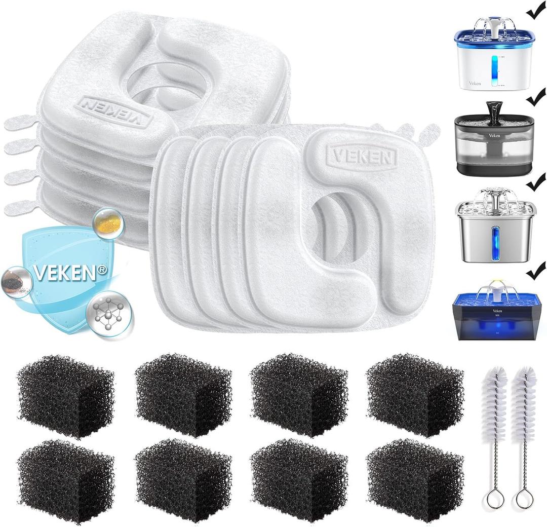 Veken Cat Water Fountain Filters, 8 Pack Replacement Filters & 8 Pack Replacement Pre-Filter Sponges Set for 50oz, 84oz, 95oz or 108oz Automatic Pet Fountain Dog Water Dispenser