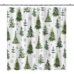 Lindameler Christmas Pine Tree Shower Curtain Greenery Christmas Tree Bathroom Curtain Winter Forest Snowflake Holiday Farmhouse Bathroom Decor for Bathtub Curtain with Hooks (Green, 72x72 inch)