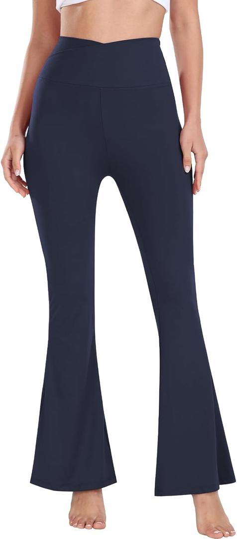 Falre Leggings for Women High Waisted Yoga Pants Crossover Workout Legging Bootcut Flared Dress Pants (Medium, Navy Blue)