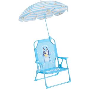 Idea Nuova Bluey Kids Outdoor Folding Beach Chair with Umbrella,Portable Camp Chair for Ages 3+, Lightweight & Compact for Beach, Camping, and Backyard