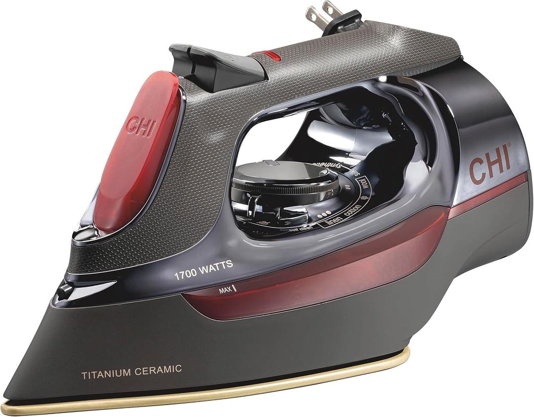 CHI Steam Iron for Clothes, Professional Grade, Titanium Infused Soleplate, 400+ Steam Holes, 1700 Watts, 3-Way Auto Shutoff, 8' Retractable Cord, Black/Chrome