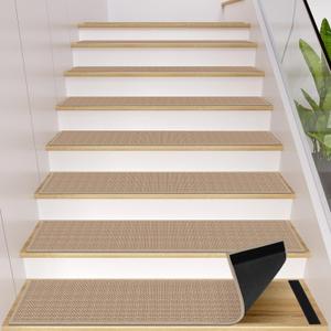 GOYLSER Peel and Sticker Jute Stair Treads Non Slip for Wooden Steps Indoor, 15 Pack Rubber Backed Stair Pads Rug, Removable Khaki Adhesive Staircase Mat Step Cover (Stair Tread Set (15 pieces, 8" x 30"))