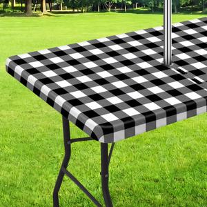 Moukeren Outdoor Tablecloth with Umbrella Hole - Patio Table Cloth Zippered Rectangle 60x85 Inch, Buffalo Plaid Table Covers Water Resistant for Patio Spring Summer Picnic BBQS (Black)