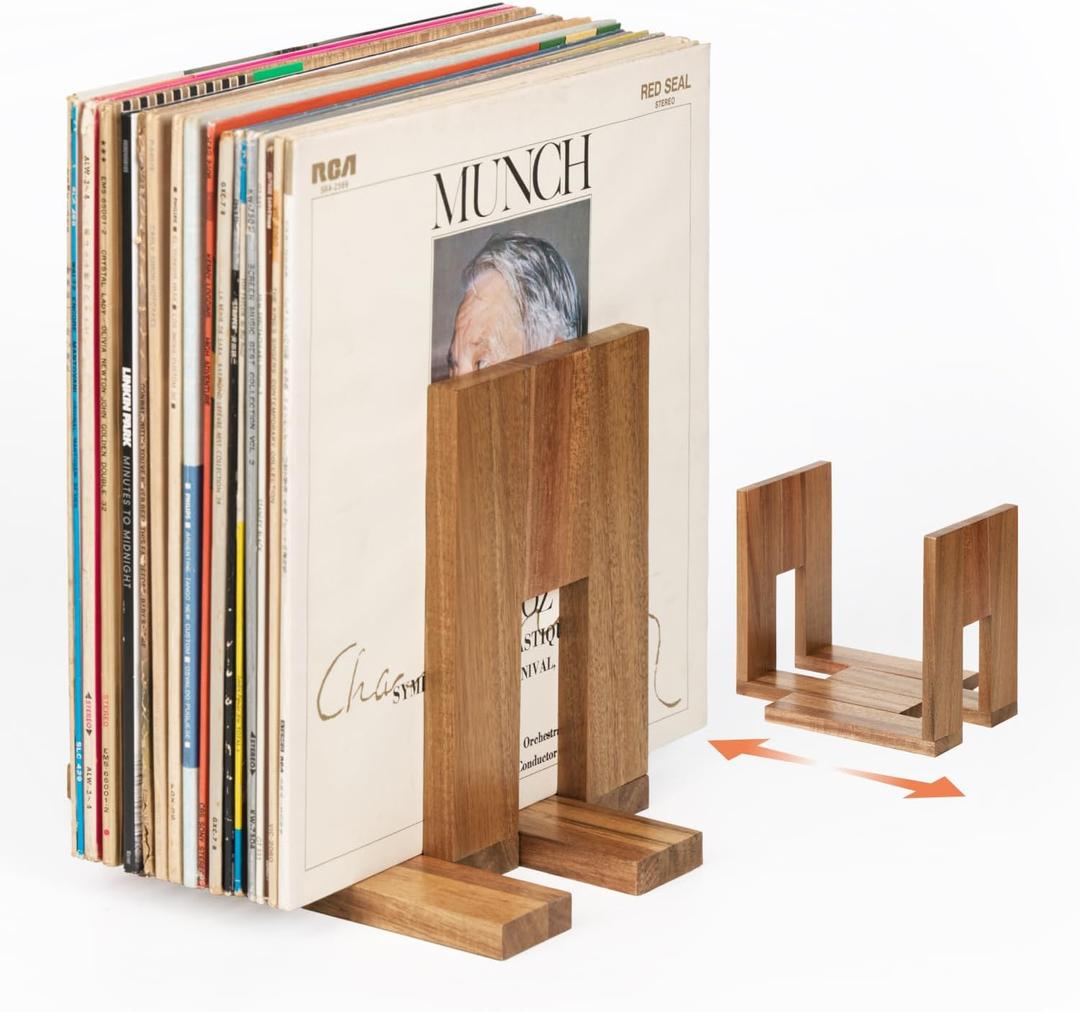 Adjustable Vinyl Record Holder to Keep Records Upright, Holds 2060 LPs, Solid Acacia Wood Album Stand, Modern Decorative Display for Player, Shelf & Home Decor