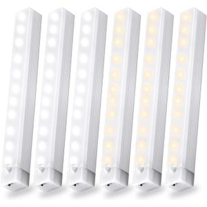 6 Pack Motion Sensor Magnetic Under Cabinet Light,Rechargeable 2 Color Warm White Under Counter Light,8 Inch LED Closet for Bedroom Cupboard Stair