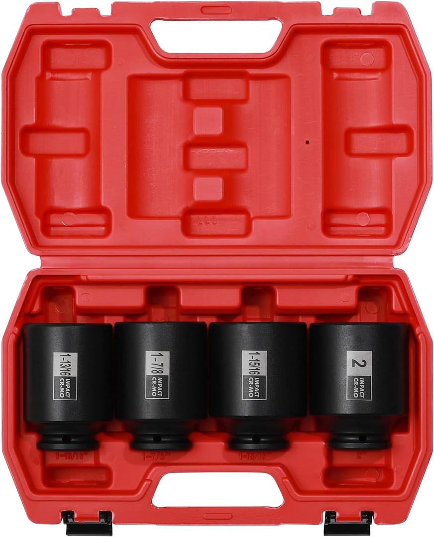Mayouko 4PCS 1/2" Drive Spindle Axle Nut Impact Socket Set, 1-13/16, 1-7/8, 1-15/16, 2 Inch, CR-MO, Deep, 6 Point
