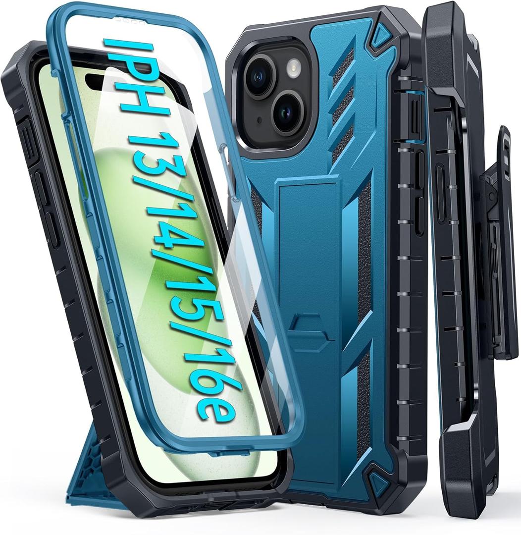 FNTCASE for iPhone 15 Phone Case: for iPhone 14/13/16e Case Military Shockproof Protective Rugged Cell Phone Cover with Kickstand & Belt-Clip Holster, Heavy Duty Hard Cases 5G - 6.1 Inch Blue