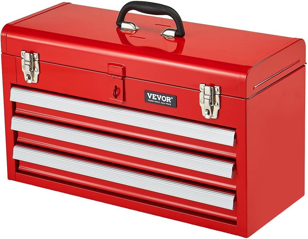 VEVOR Metal Tool Box, 20.5-inch, Portable Metal Tool Box with 3 Drawers, Small Tool Chest with EVA Liners, Ball Bearing Slide Drawers Locking & Powder Coated Finish, Multi-Function Tool Organizer, Red