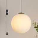 Plug in Globe Pendant Light, Mid Century Globe Hanging Lamp with Cord and ON/Off Switch, Modern Gold Chandelier with Milk Glass for Kitchen Island Dining Room Bedroom Hallway Foyer