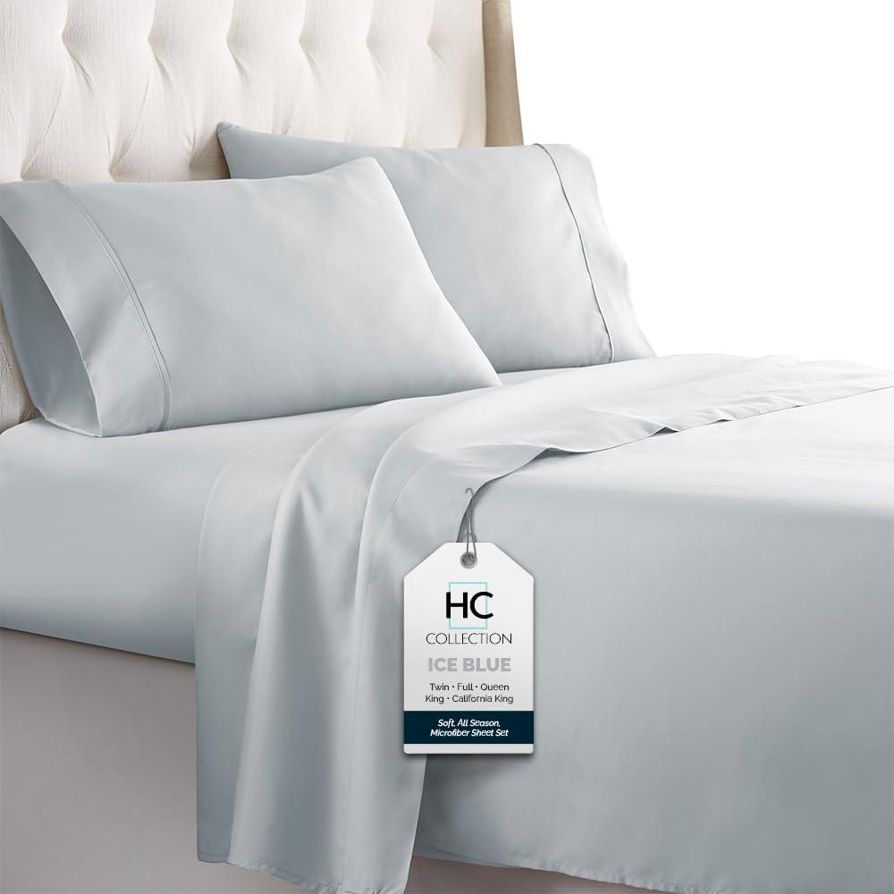 HC COLLECTION Bed Sheets Set King with 2 Pillowcases, Hotel Luxury Platinum 1800 Series Brushed Microfiber Sheet w/Deep Pocket, Ultra Soft Lightweight 4 Pcs Linen Bedding for Hot Sleepers, Ice Blue