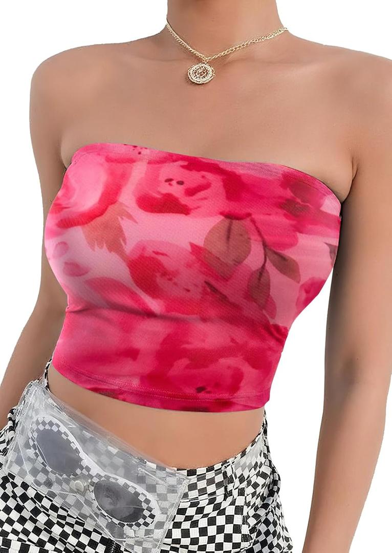 qdl Floral Tie Dye Tube Top Women Y2k Strapless Tops Ruched Sleeveless Strapless Crop Tank (Pink, L)