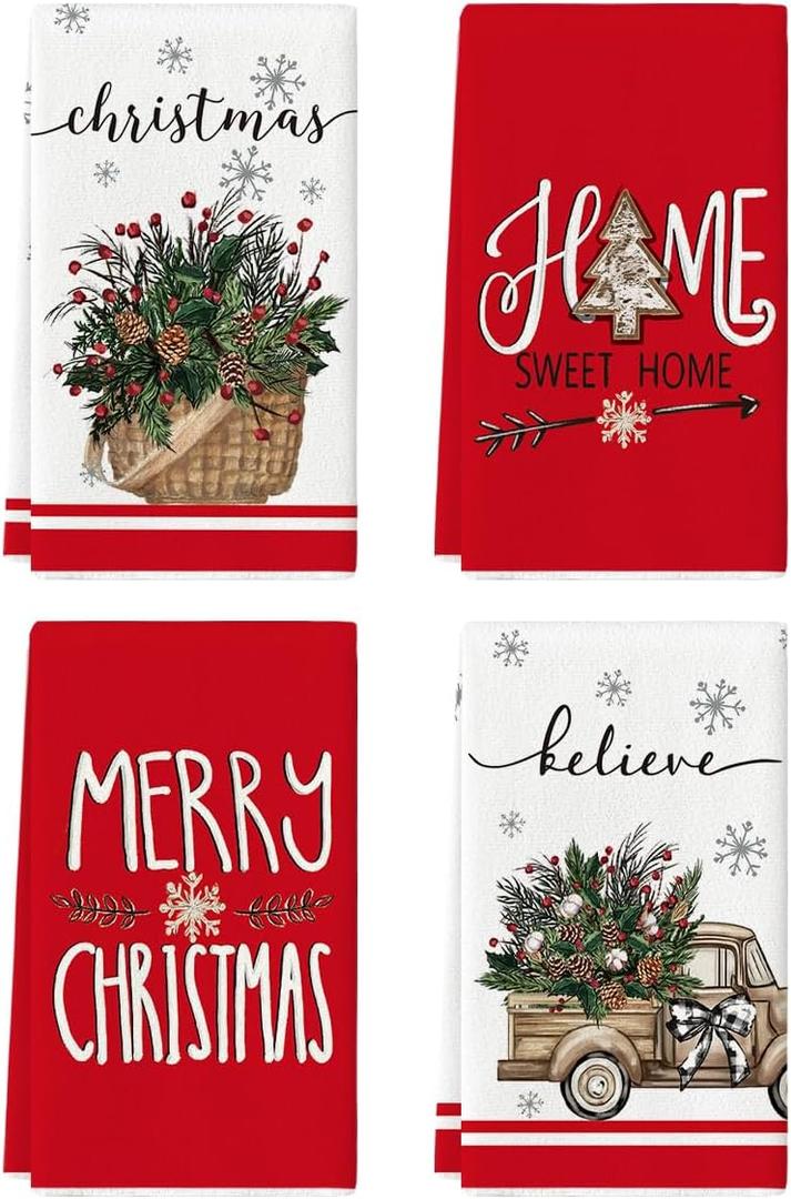 Artoid Mode Holly Basket Truck Christmas Kitchen Towels Dish Towels, 18x26 Inch Holiday Pine Cone Believe Winter Decoration Hand Towels Set of 4