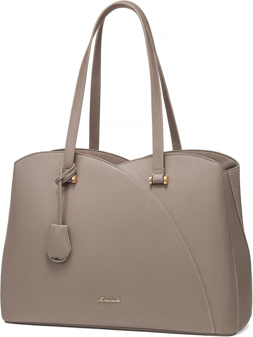 LOVEVOOK Teacher Tote Bag for Women, Work Bags Laptop Bag, Professional 17.3 Inch Leather Computer Bag, Large Purses Handbag Briefcase, Taupe