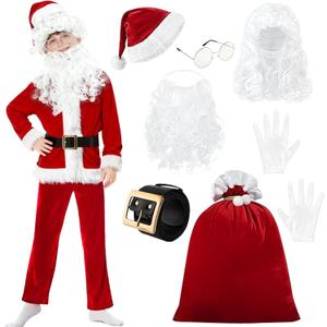 9PCS Santa Claus Costume for Kids: 5-12 Years Velvet Christmas Suit Set with Accessories for Holiday Party Cosplay (Medium(8-10 Years))