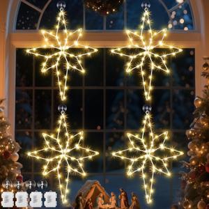 4 Pack 16" Large Christmas Window Light Decorations, LED Bethlehem Christmas Star Window Silhouette Lights with Timer, 8 Models, Iron Frame, Battery Operated Lighted Xmas Star Decors (Warm White)