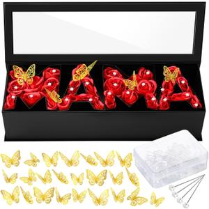 Ireer Mother's Day Mama Empty Flower Gift Box Cardboard Letter Shaped Fillable Box with Plastic Liners 50 Crystal Bouquet Pins 24 Gold Butterfly Decorations for Valentine Mom Birthday DIY(Black)