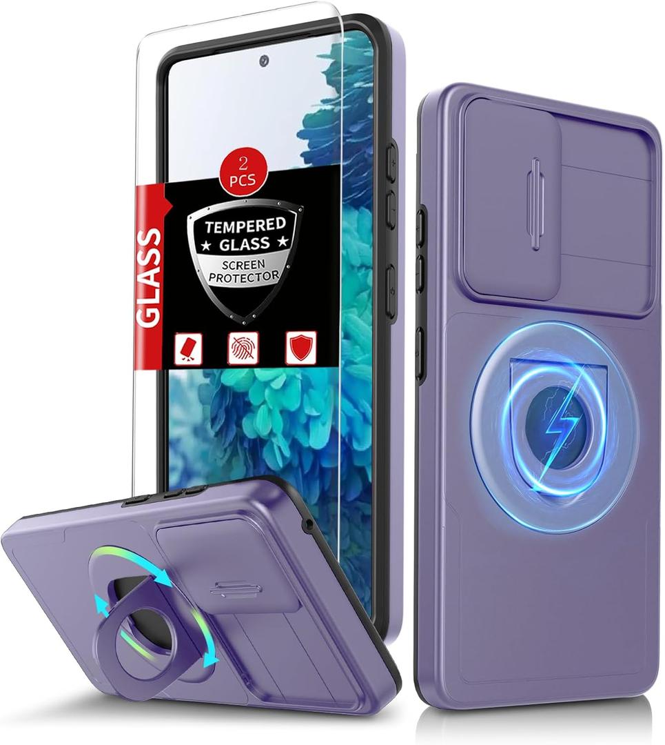 for Samsung Galaxy S20FE Case Magnetic Compatible with MagSafe Wireless Charging,with 2 Screen Protectors,Built-in Stand Ring+Camera Cover Anti-Scratch Shockproof Heavy Duty Protection Purple