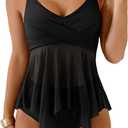 Aidonger Women Crisscross Tankini Swimsuit Two Piece High Waisted Tummy Control Swimwear Mesh Tie Back Bathing Suit (Black, M)