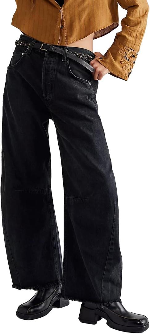 Allimy Womens High Waisted Barrel Horseshoe Baggy Jeans Trendy 2026 with Raw Hem Non Stretch