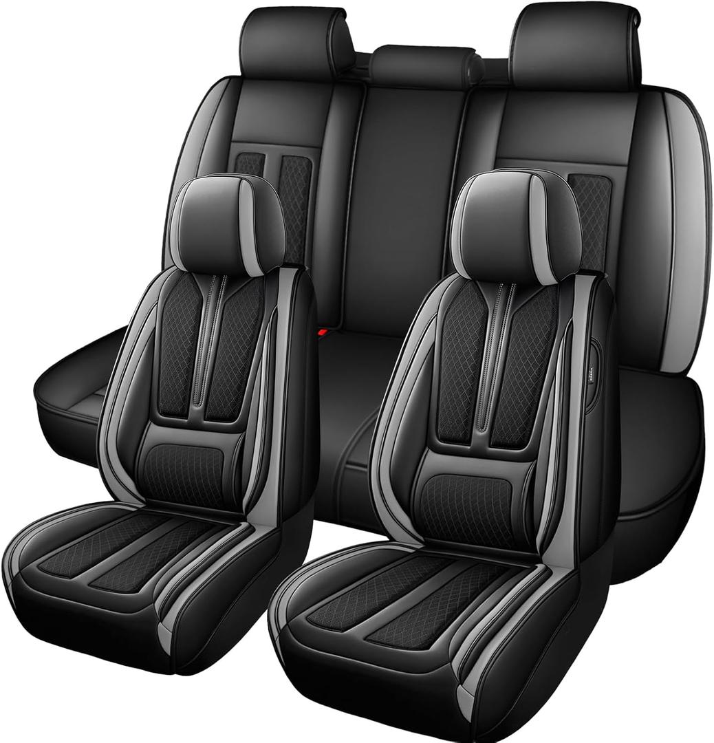 Seat Covers Full Set,Nappa Leather Car Seat Covers for Front and Back,Waterproof Universal Fit Car Seat Cushion,Automotive Seat Protector for Most Sedans SUV Pick-Up Truck Sedans，Black&Grey