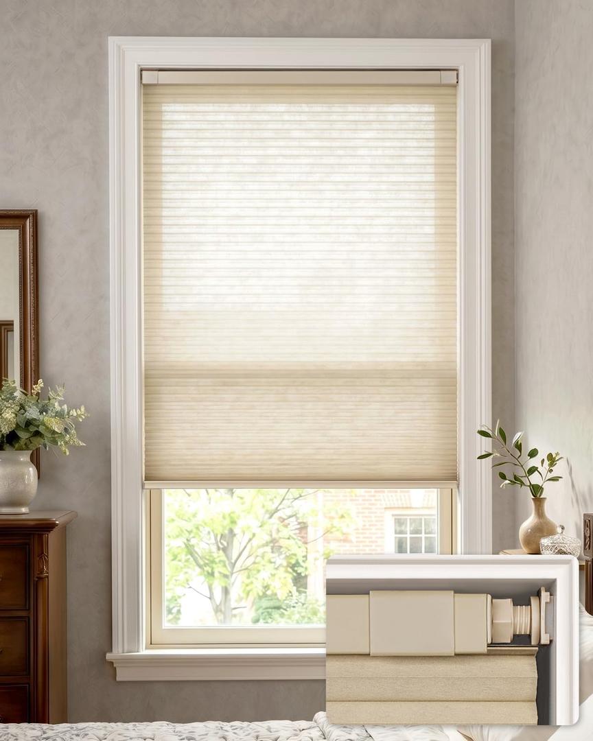 LazBlinds No Drill Light Filtering Cellular Shades, 44" W x 64" H, Beige