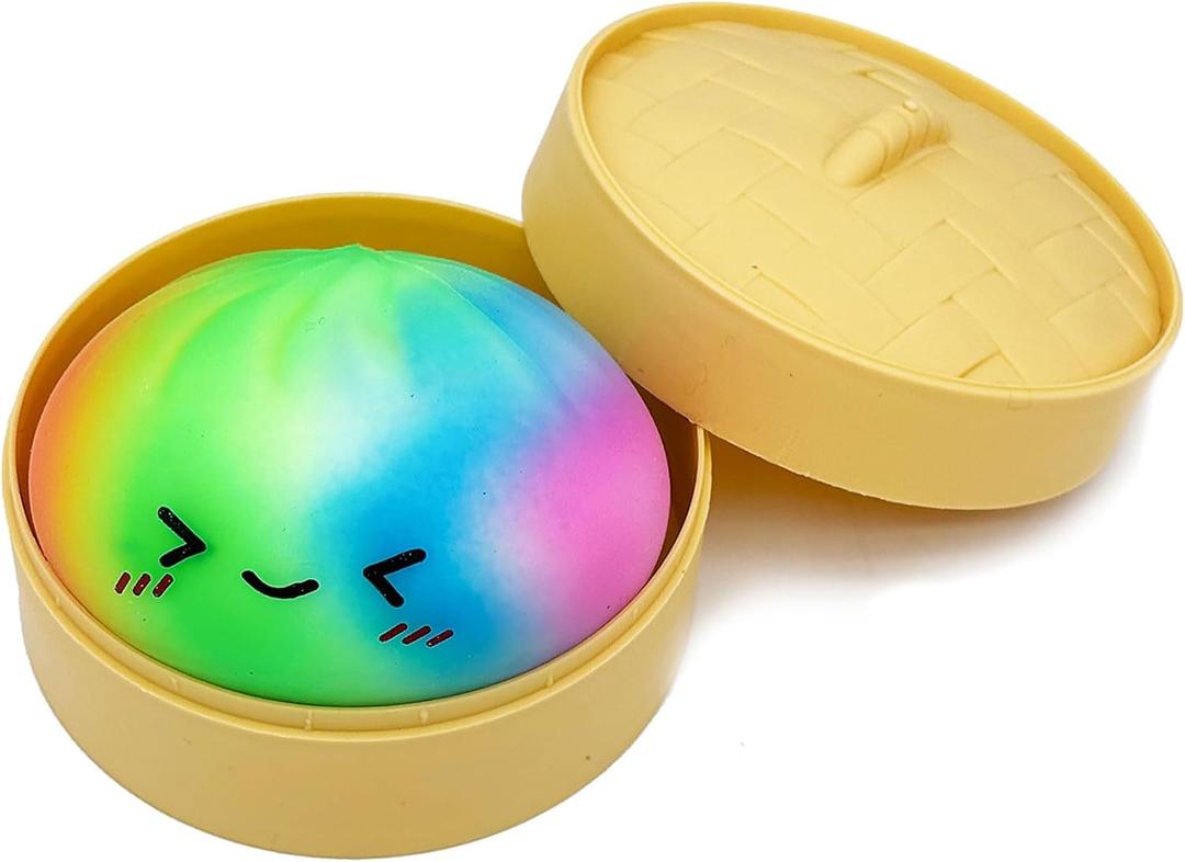 Rainbow Dumpling Toy with Steamer Case, Funny Squeeze Dough Stress Ball, Realistic Steamed Bun Squeezing Toy for Fidget Sensory Anxiety Relief Calming Travel Accessory Gift